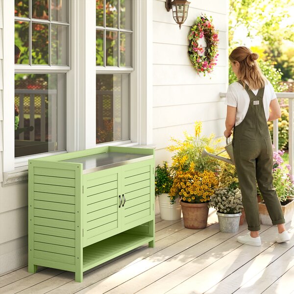 Outsunny Tavolo da Trapianto con Mobiletto in Legno, Armadio da Giardino con Piano Zincato e 3 Ripiani, 88x40x70,5 cm, Verde | Aosom Italy