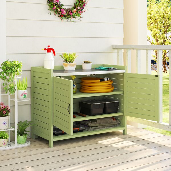 Outsunny Tavolo da Trapianto con Mobiletto in Legno, Armadio da Giardino con Piano Zincato e 3 Ripiani, 88x40x70,5 cm, Verde | Aosom Italy