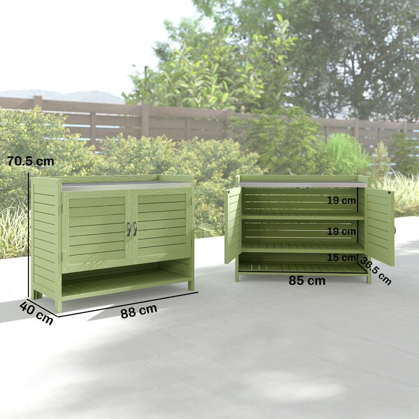 Outsunny Tavolo da Trapianto con Mobiletto in Legno, Armadio da Giardino con Piano Zincato e 3 Ripiani, 88x40x70,5 cm, Verde | Aosom Italy