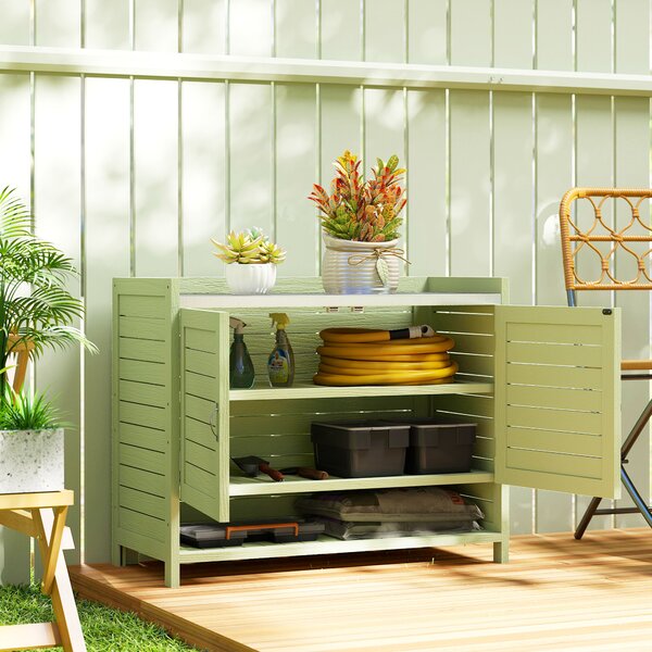 Outsunny Tavolo da Trapianto con Mobiletto in Legno, Armadio da Giardino con Piano Zincato e 3 Ripiani, 88x40x70,5 cm, Verde | Aosom Italy
