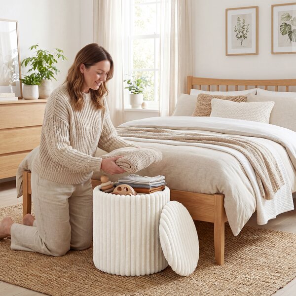 HOMCOM Pouf Contenitore con Coperchio Reversibile, Moderno Sgabello Imbottito in Velluto a Coste per Soggiorno e Camera da Letto, Bianco | Aosom Italy