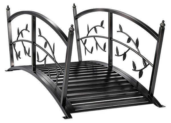 Outsunny Ponte da Giardino in Metallo 1,2 m, Ponte Decorativo per Stagni con Ringhiere di Sicurezza e Design a Foglie, Nero | Aosom Italy