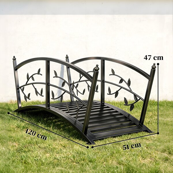 Outsunny Ponte da Giardino in Metallo 1,2 m, Ponte Decorativo per Stagni con Ringhiere di Sicurezza e Design a Foglie, Nero | Aosom Italy