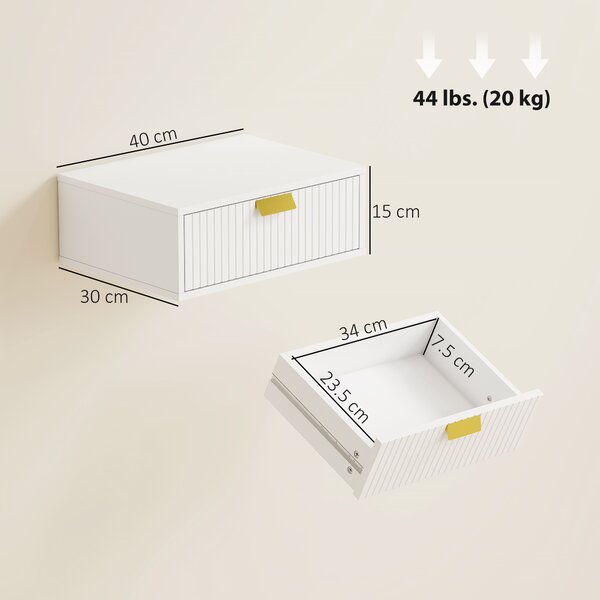HOMCOM Set di 2 Comodini da Parete, Comodini Sospesi con Cassetto Ondulato, 40x30x15 cm, Bianco | Aosom Italy