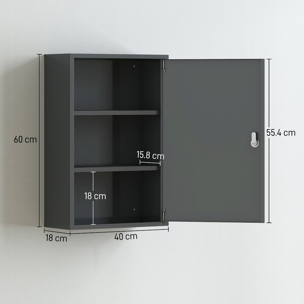 Kleankin Armadio Porta Medicinali da Parete, Armadietto da Bagno con 3 Ripiani e 2 Chiavi, 40x18x60 cm, Grigio | Aosom Italy