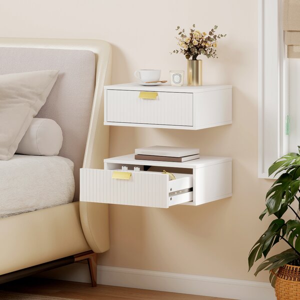 HOMCOM Set di 2 Comodini da Parete, Comodini Sospesi con Cassetto Ondulato, 40x30x15 cm, Bianco | Aosom Italy