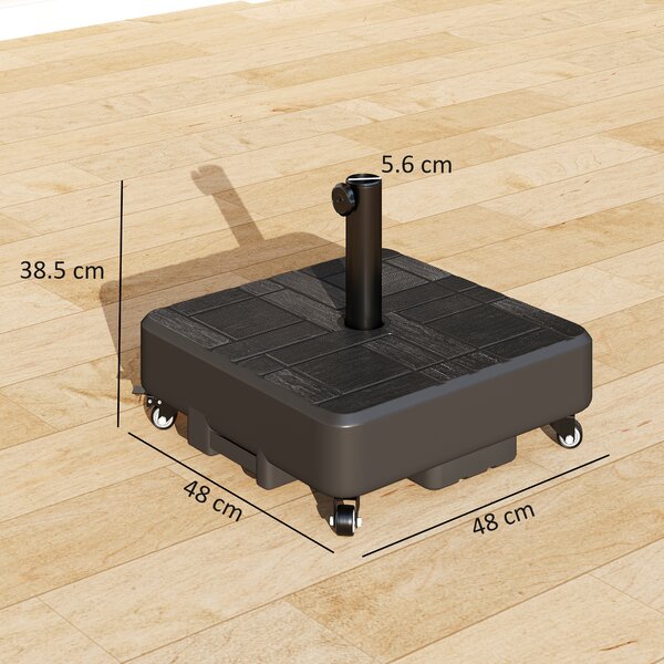 Outsunny Piede per Ombrellone Quadrato, Base Esterna con Ruote Riempibile fino a 35kg di Sabbia o 28L d'Acqua, 48x48x38,5 cm, Nero | Aosom Italy