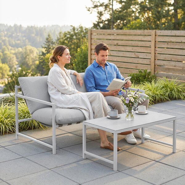 Outsunny Set di 2 Pezzi Salotto da Giardino Esterno, Divano con Cuscini, Tavolino in Vetro Temperato Effetto Marmo 3D, 125x80x64 cm, Grigio Chiaro | Aosom Italy
