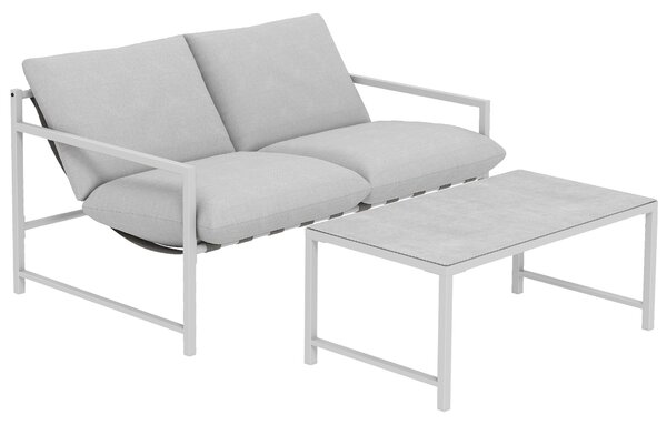 Outsunny Set di 2 Pezzi Salotto da Giardino Esterno, Divano con Cuscini, Tavolino in Vetro Temperato Effetto Marmo 3D, 125x80x64 cm, Grigio Chiaro | Aosom Italy