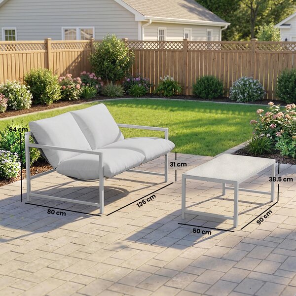 Outsunny Set di 2 Pezzi Salotto da Giardino Esterno, Divano con Cuscini, Tavolino in Vetro Temperato Effetto Marmo 3D, 125x80x64 cm, Grigio Chiaro | Aosom Italy