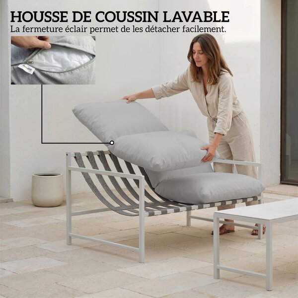 Outsunny Set di 2 Pezzi Salotto da Giardino Esterno, Divano con Cuscini, Tavolino in Vetro Temperato Effetto Marmo 3D, 125x80x64 cm, Grigio Chiaro | Aosom Italy