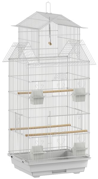 PawHut Gabbia per Uccelli in Acciaio con Mangiatoie, Posatoi, Altalena e Vassoio Estraibile, 50,5x41x104 cm, Bianco | Aosom Italy