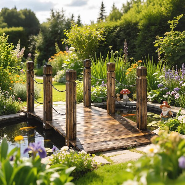 Outsunny Ponte da Giardino in Legno di Abete Carbonizzato 1,51 m, Ponte Decorativo per Laghetti, Stile Rustico con Corrimano di Sicurezza | Aosom Italy