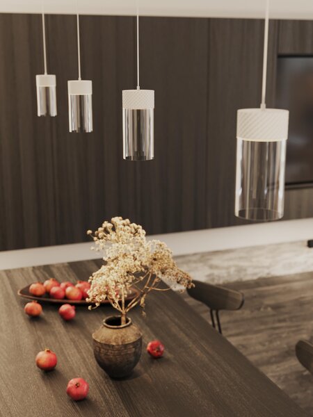 Lampada a sospensione LED in vetro FUSION bianca, 7 W, luce calda, 477 lm, metallo, dimensioni: 150 x 7,5 x 7,5 cm, IP20, Maxlight