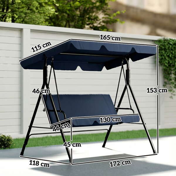Outsunny Dondolo da Giardino per Esterni a 3 Posti con Tetto Regolabile e Telaio, in Acciaio, 172x118x153 cm, Blu Marino | Aosom Italy