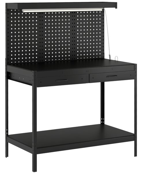 HOMCOM Banco da Lavoro 110 cm con Pannello Forato, Banco Robusto con Multipresa e Illuminazione LED, Nero | Aosom Italy
