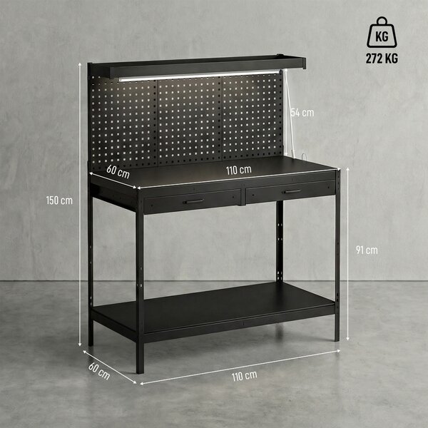 HOMCOM Banco da Lavoro 110 cm con Pannello Forato, Banco Robusto con Multipresa e Illuminazione LED, Nero | Aosom Italy
