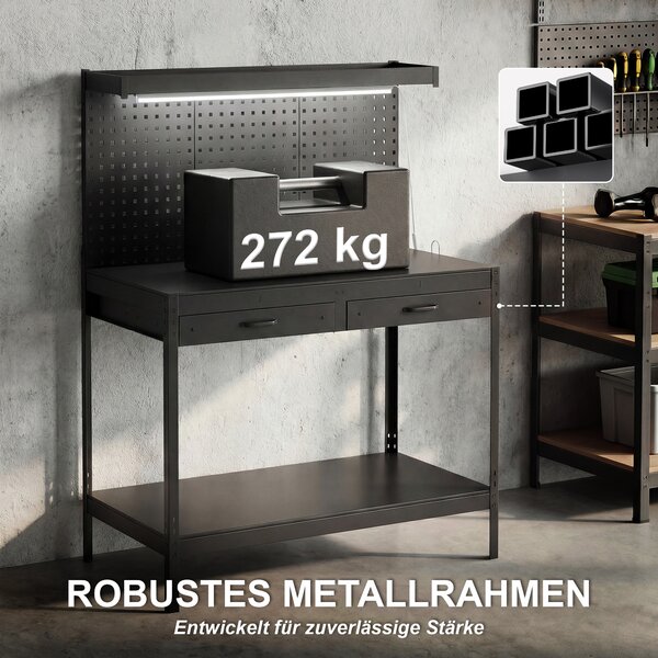 HOMCOM Banco da Lavoro 110 cm con Pannello Forato, Banco Robusto con Multipresa e Illuminazione LED, Nero | Aosom Italy