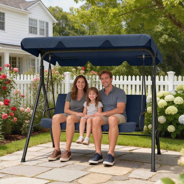 Outsunny Dondolo da Giardino per Esterni a 3 Posti con Tetto Regolabile e Telaio, in Acciaio, 172x118x153 cm, Blu Marino | Aosom Italy