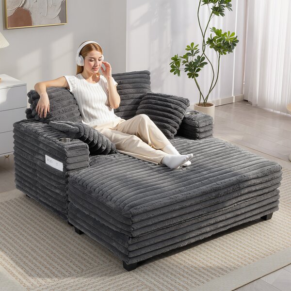 HOMCOM Chaise Longue a 2 Posti, Divano Letto Grande 134x151 cm con Portabicchieri per Soggiorno, Grigio | Aosom Italy