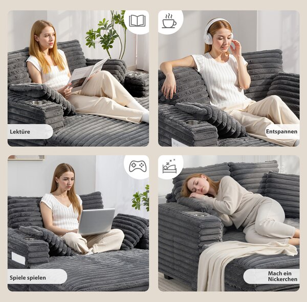 HOMCOM Chaise Longue a 2 Posti, Divano Letto Grande 134x151 cm con Portabicchieri per Soggiorno, Grigio | Aosom Italy