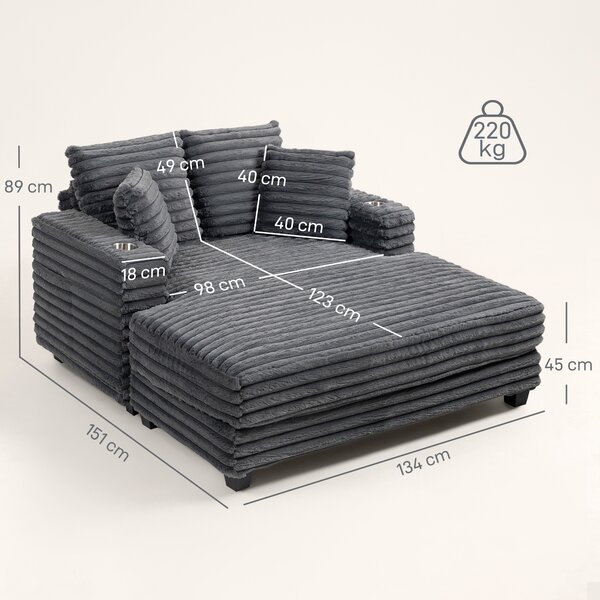 HOMCOM Chaise Longue a 2 Posti, Divano Letto Grande 134x151 cm con Portabicchieri per Soggiorno, Grigio | Aosom Italy