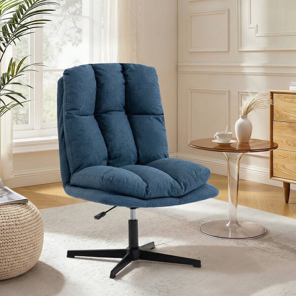 HOMCOM Poltrona da Salotto Girevole 360° con Altezza Regolabile, Seduta Ampia, Rivestimento in Lino e Base in Metallo, Blu Scuro | Aosom Italy