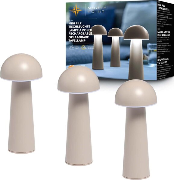 Set da 3 lampade da tavolo moderne a LED Northpoint a forma di fungo, per interni ed esterni, con regolazione continua dell'intensità luminosa, ricarica USB e cambio di colore CCT, fungo color taupe