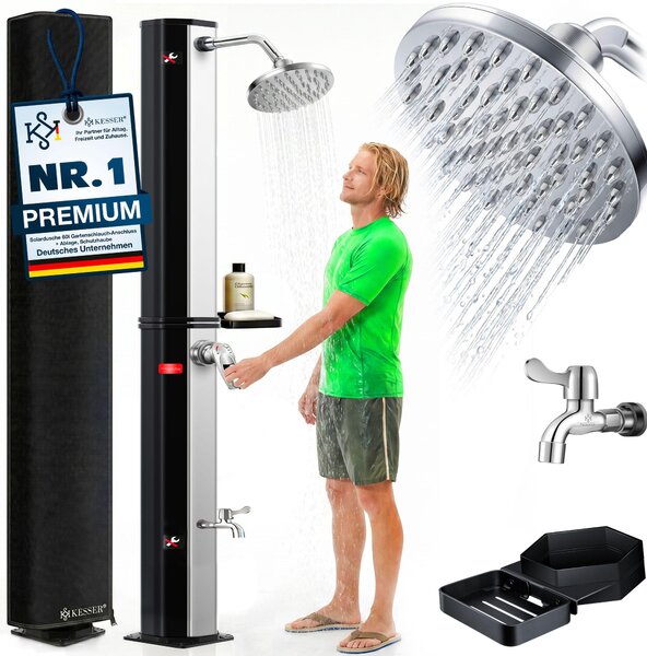 Doccia solare KESSER® 40-60 litri Doccia solare da giardino | acqua calda | max. 60 °C | Incl. ripiano doccia in metallo e cappuccio protettivo | Doccia da piscina da campeggio | Soffione a pioggia e rubinetto Raccordo per tubo da giardino