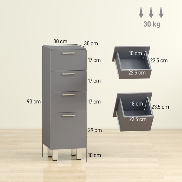 Kleankin Mobile da Bagno Armadietto con 4 Cassetti, Pannello Truciolare e Piedini Regolabili, Grigio | Aosom Italy