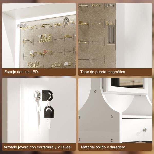 HOMCOM Specchiera Portagioie con Luci LED, Armadio Gioielli con Specchio a Tutta Altezza ad Angolazione Regolabile, Cassetti e Ripiano Interno, Bianco | Aosom Italy