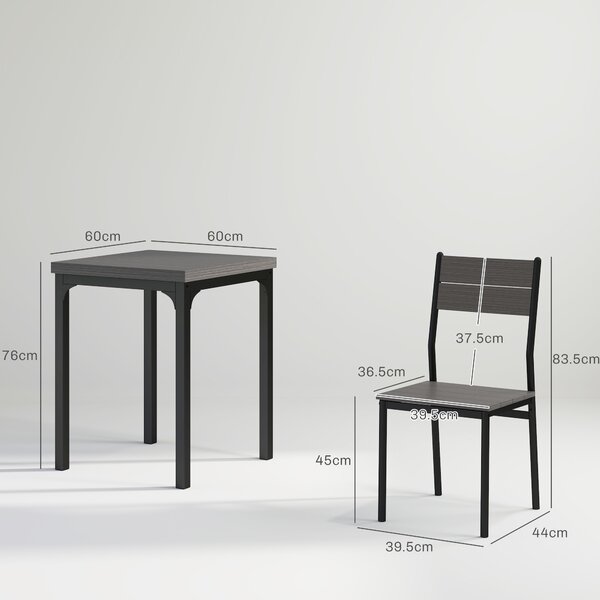 HOMCOM Set da Pranzo 3 Pezzi con Tavolo 60x60x76 cm e 2 Sedie 39,5x44x83,5 cm, in MDF e Metallo, Grigio | Aosom Italy