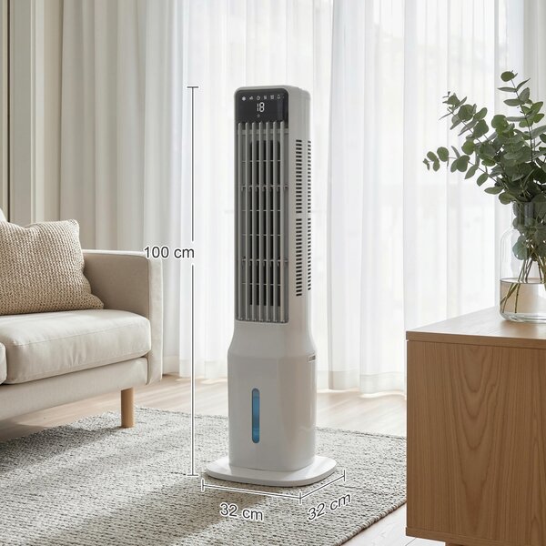 HOMCOM Climatizzatore Evaporativo a Torre 3 in 1 con Serbatoio da 9L, Oscillazione 48°, 3 Velocità, 3 Modalità e Timer, Bianco | Aosom Italy
