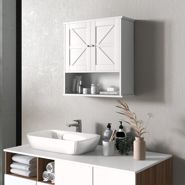 Kleankin Armadietto da Bagno da Parete, Mobile da Bagno Appendiabile Rustico con Scomparto Ripiano Regolabile e 2 Ante, Bianco | Aosom Italy