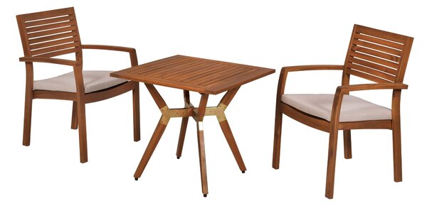 Set di mobili da giardino Merxx Batavia 5 pezzi, 2 sedie impilabili, 2 cuscini, 1 tavolino da bistrot 70 x 70 cm - Acacia