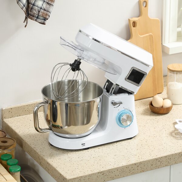 HOMCOM Robot da Cucina Impastatrice 6L 1400W con Testa Inclinabile, 6 Velocità, Funzione di Lievitazione e Display LED, Bianco | Aosom Italy