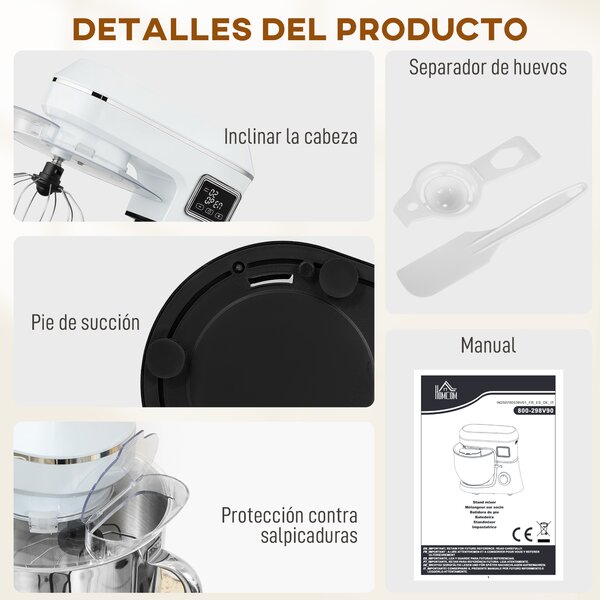 HOMCOM Robot da Cucina Impastatrice 6L 1400W con Testa Inclinabile, 6 Velocità, Funzione di Lievitazione e Display LED, Bianco | Aosom Italy