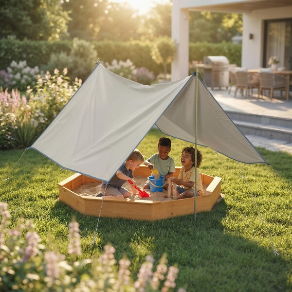 AIYAPLAY Sabbiera con Tetto, 4 Panche e Telo di Fondo per 8 Bambini da 3-8 Anni, per Esterno Giardino, in Legno, 214,5x214,5 cm, Giallo | Aosom Italy