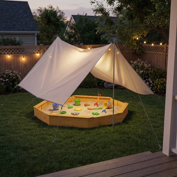 AIYAPLAY Sabbiera con Tetto, 4 Panche e Telo di Fondo per 8 Bambini da 3-8 Anni, per Esterno Giardino, in Legno, 214,5x214,5 cm, Giallo | Aosom Italy