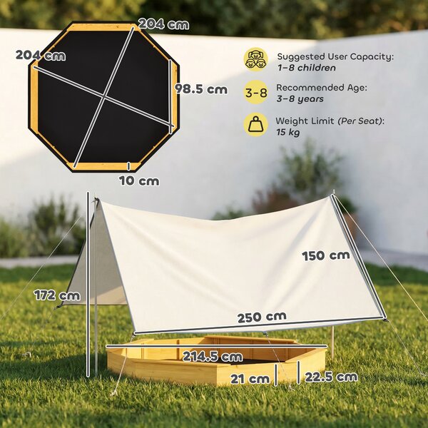 AIYAPLAY Sabbiera con Tetto, 4 Panche e Telo di Fondo per 8 Bambini da 3-8 Anni, per Esterno Giardino, in Legno, 214,5x214,5 cm, Giallo | Aosom Italy