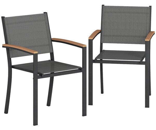 Outsunny Set 2 Sedie da Giardino in Texteline e Metallo con Braccioli Effetto Legno, 56x62x89 cm, Grigio | Aosom Italy