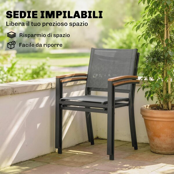 Outsunny Set 2 Sedie da Giardino in Texteline e Metallo con Braccioli Effetto Legno, 56x62x89 cm, Grigio | Aosom Italy