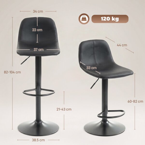 HOMCOM Set da 2 Sgabelli da Bar, Sedie da Bar con Altezza Regolabile, Schienale e Poggiapiedi, Girevoli 360°, Piedi in Acciaio, Nero | Aosom Italy