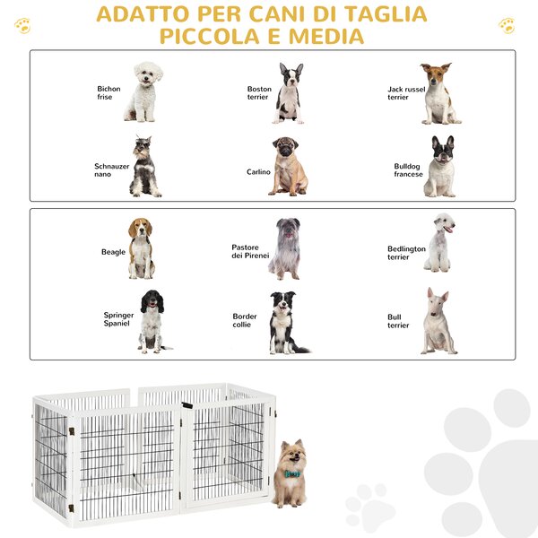 PawHut Cancelletto per Cani di Piccola/Media Taglia a 6 Pannelli Pieghevoli, in Legno e Acciaio, 432x36x70 cm, Bianco