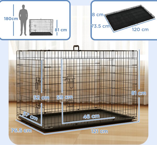 PawHut Gabbia per Animali Domestici Trasportino per Cani e Gatti Pieghevole in Acciaio Doppia Apertura 117 × 74.5 × 81cm Nero|Aosom