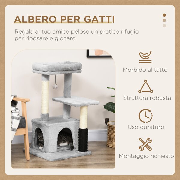 PawHut Albero Tiragraffi per Gatti Multilivello con Lettino e Casetta, Rivestimento in Peluche, Grigio|Aosom