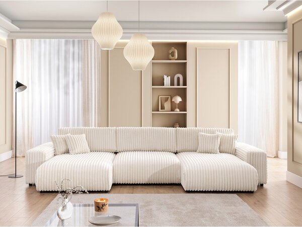 Divano angolare color crema allungabile/con contenitore (a U) rivestito in velluto a coste Sarina – Ropez