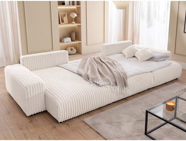 Divano angolare color crema allungabile/con contenitore (a U) rivestito in velluto a coste Sarina – Ropez