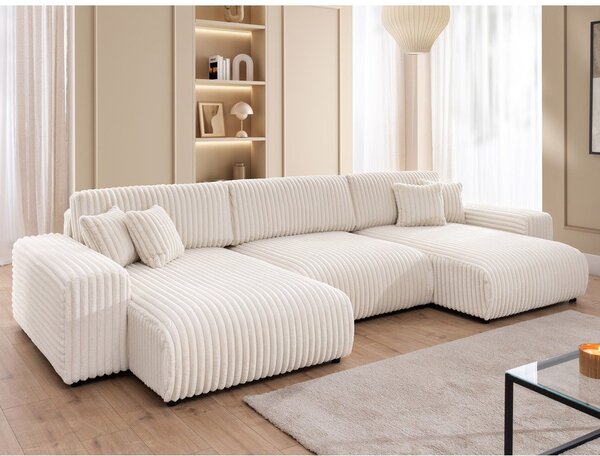 Divano angolare color crema allungabile/con contenitore (a U) rivestito in velluto a coste Sarina – Ropez