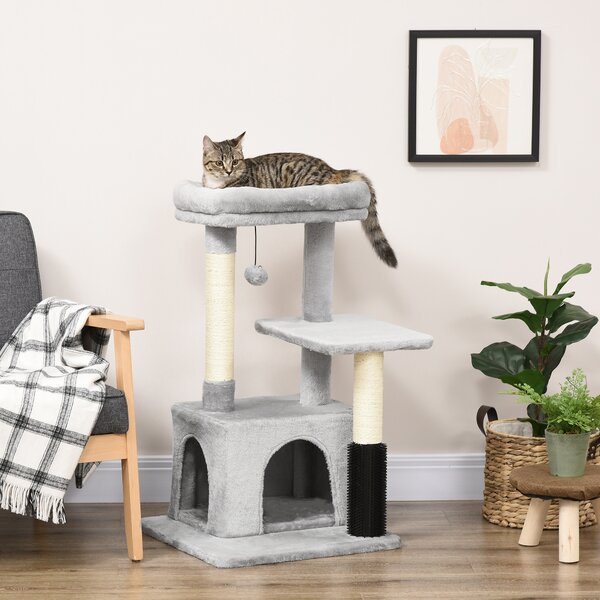 PawHut Albero Tiragraffi per Gatti Multilivello con Lettino e Casetta, Rivestimento in Peluche, Grigio|Aosom